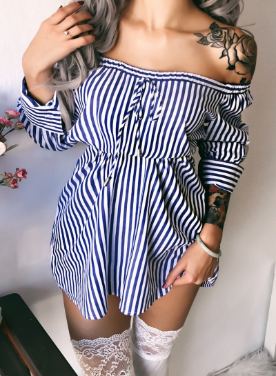 Blue Sexy Striped Off Shoulder Long Sleeve Loose Mini Dress zecalaba.com