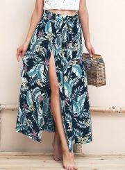 Navy Fashion Floral Printed High Waist High Slit Lace-up Women Long Skirt