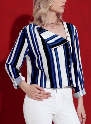 Blue Casual Striped Asymmetric Button Down Shirt