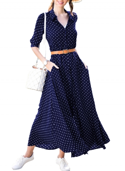 Casual Half Sleeve Button Down Polka Dot Pockets Maxi Dress With Belt zecalaba.com