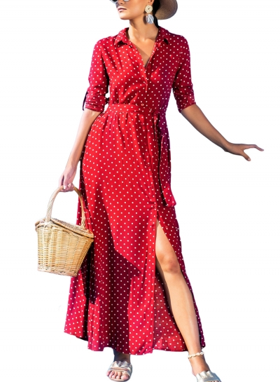 Red Casual Half Sleeve Waist Tie Button Down Slit Polka Dot Maxi Dress zecalaba.com