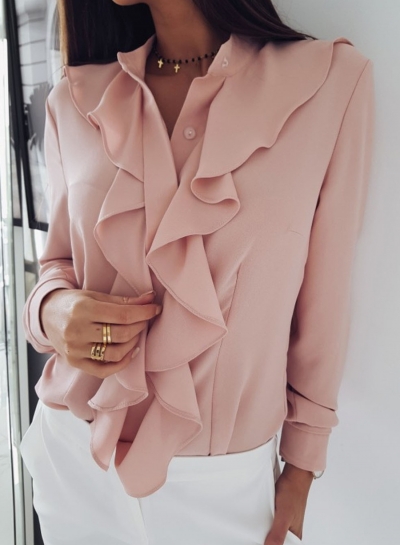 Pink Elegant Long Sleeve Stand Neck Slim Ruffle Button Down Shirt zecalaba.com