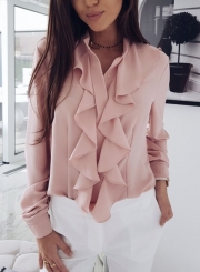 Pink Elegant Long Sleeve Stand Neck Slim Ruffle Button Down Shirt