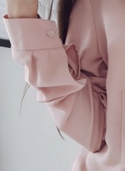 Pink Elegant Long Sleeve Stand Neck Slim Ruffle Button Down Shirt