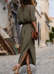 Army Green Casual Slit Button Down Maxi Shirt Dress