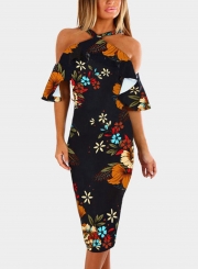 Fashion Slim Floral Printed Short Sleeve Off The Shoulder Dress