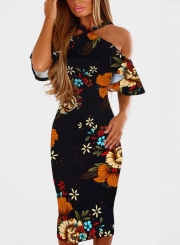 Fashion Slim Floral Printed Short Sleeve Off The Shoulder Dress