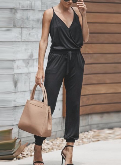 Black Spaghetti Strap Elastic Waist Jumpsuit zecalaba.com