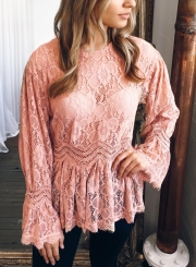 Pink Sexy Long Sleeve Round Neck Lace Hollow Out Blouse