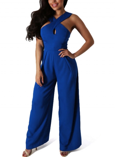 Blue Women's Strap Wrap Sleeveless Backless Wide Leg Jumpsuit With Zip zecalaba.com