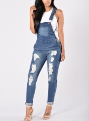 Casual Overalls Ripped Hole Pants Adjustable Strap Jumpsuit Jeans