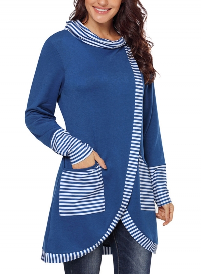 Blue Casual Striped Cowl Neck Long Sleeve Irregular Sweatshirt With Pockets