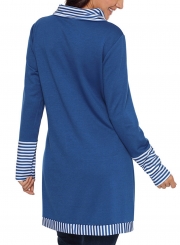 Blue Casual Striped Cowl Neck Long Sleeve Irregular Sweatshirt With Pockets