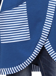 Blue Casual Striped Cowl Neck Long Sleeve Irregular Sweatshirt With Pockets