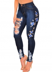 Embroidered Destroyed Ripped Distressed High Waist Skim Fit Skinny Jeans