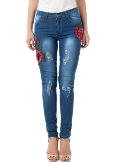 Casual Ripped Pants High Waist Slim Fit Skinny Embroidered Jeans
