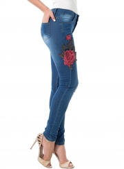 Casual Ripped Pants High Waist Slim Fit Skinny Embroidered Jeans