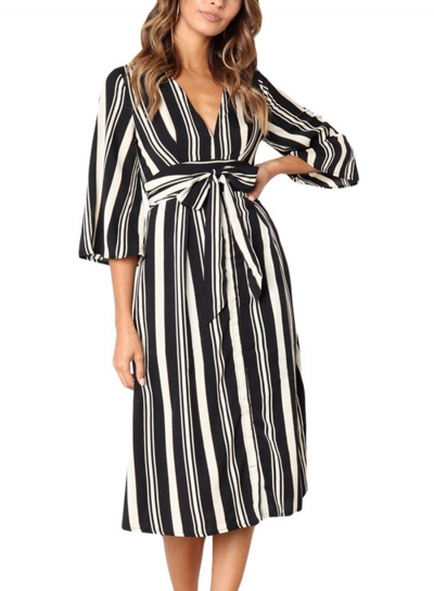 Black Summer Striped V Neck Half Sleeve High Waist Midi Dress With Belt zecalaba.com