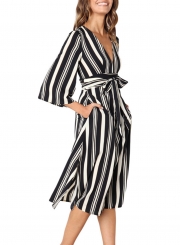 Black Summer Striped V Neck Half Sleeve High Waist Midi Dress With Belt