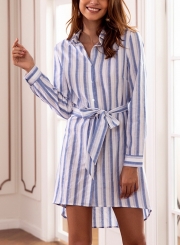 Light Blue Casual Striped Long Sleeve High Low Button Down Mini Dress