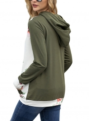 Green Casual Floral Print Long Sleeve Color Block Loose Hoodie With Pocket