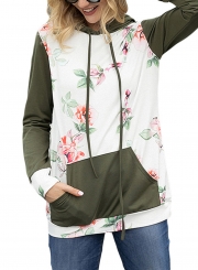 Green Casual Floral Print Long Sleeve Color Block Loose Hoodie With Pocket