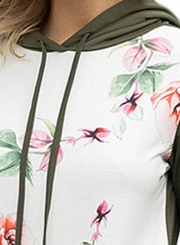 Green Casual Floral Print Long Sleeve Color Block Loose Hoodie With Pocket