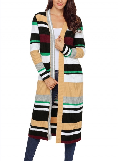 Khaki Casual Striped Long Sleeve Open Front Slim Long Cardigan zecalaba.com