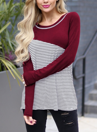 Burgundy Women's Casual Striped Round Neck Long Sleeve Loose Pullover Tee zecalaba.com