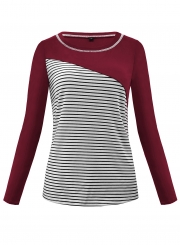 Burgundy Women's Casual Striped Round Neck Long Sleeve Loose Pullover Tee