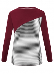 Burgundy Women's Casual Striped Round Neck Long Sleeve Loose Pullover Tee