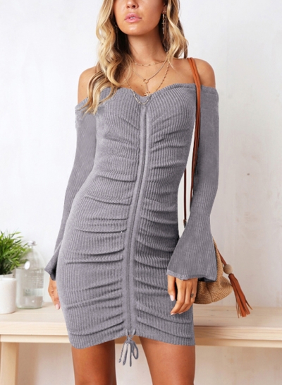 Grey Summer Off Shoulder Flare Sleeve Lace-Up Solid Color Bodycon Dress zecalaba.com