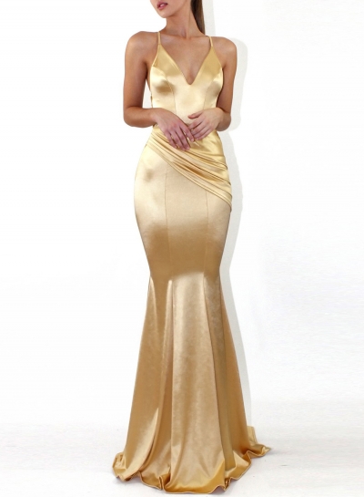 Gold Fashion Sexy Solid Spaghetti Strap V Neck Backless Evening Party Dress zecalaba.com