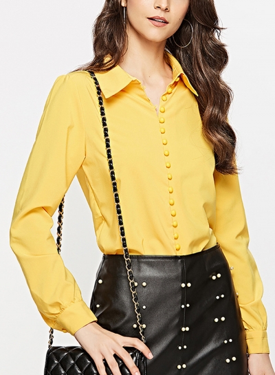 Yellow Turn-Down Collar Long Sleeve Slim Solid Color Button Down Shirt zecalaba.com