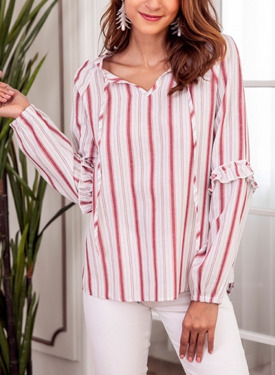 Red Casual Striped V Neck Long Sleeve Loose Ruffle Blouse With Drawstring zecalaba.com