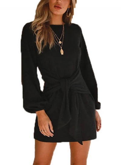 Black Round Neck Lantern Sleeve Bow Tie Solid Color Mini Dress zecalaba.com